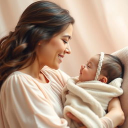 A heartwarming scene of a mother gently kissing her baby on the forehead, showcasing a loving and affectionate bond