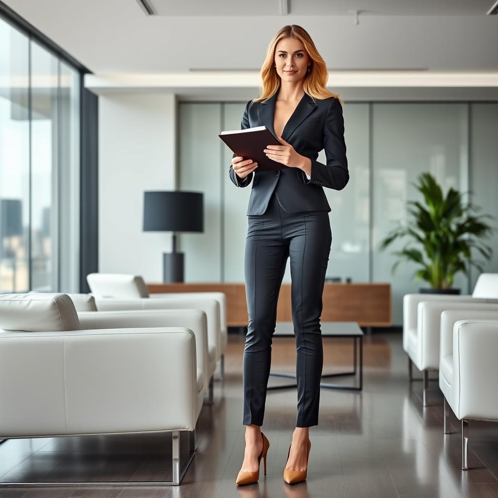 A full-length portrait of Marina Laswick dressed in a fitted three-piece men's business suit, featuring tight pants and elegant high heels