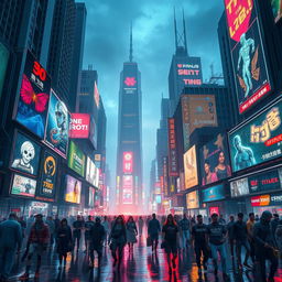 A vibrant cyberpunk cityscape at night, filled with towering neon-lit skyscrapers and bustling streets