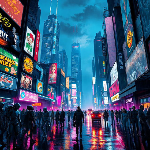 A vibrant cyberpunk cityscape at night, filled with towering neon-lit skyscrapers and bustling streets