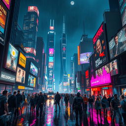 A vibrant cyberpunk cityscape at night, filled with towering neon-lit skyscrapers and bustling streets