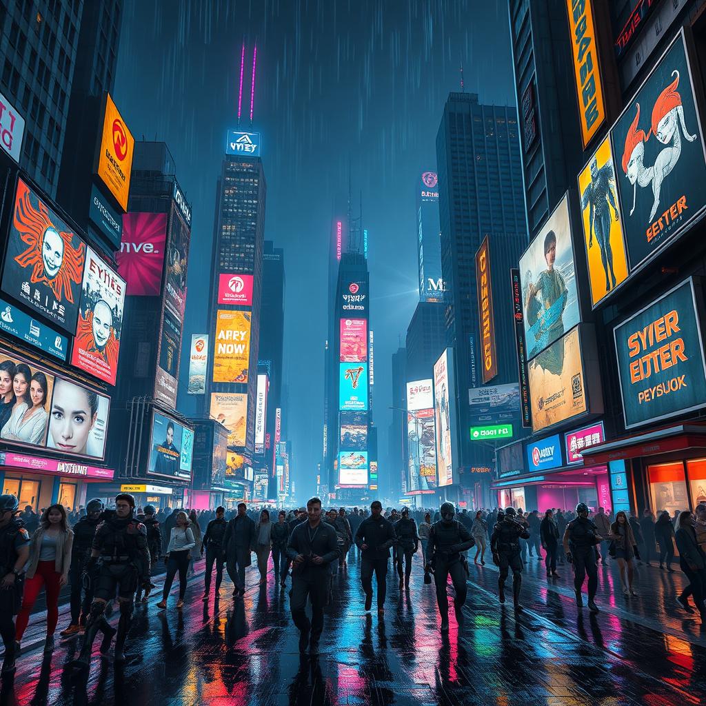 A vibrant cyberpunk cityscape at night, filled with towering neon-lit skyscrapers and bustling streets