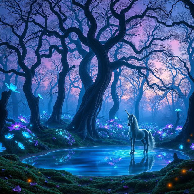 A stunning scene of an ethereal forest at twilight, filled with luminescent flowers glowing softly in various shades of blue and purple