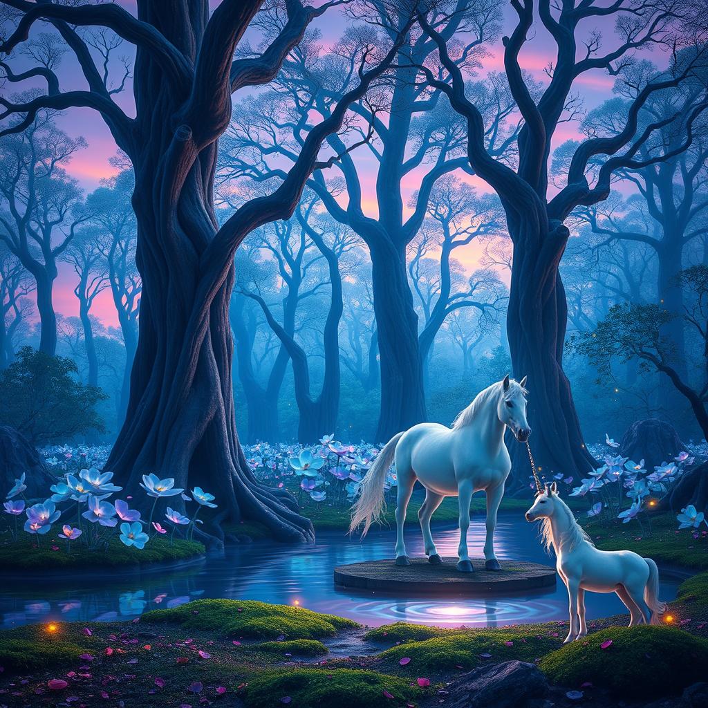 A stunning scene of an ethereal forest at twilight, filled with luminescent flowers glowing softly in various shades of blue and purple