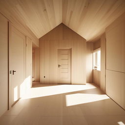 A squarish 14ft by 14ft bedroom designed in a plain and simple style. The room features three doors: an entrance door, a door leading to an open area, and another door for the bathroom.