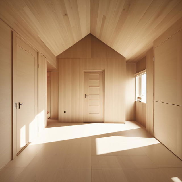 A squarish 14ft by 14ft bedroom designed in a plain and simple style. The room features three doors: an entrance door, a door leading to an open area, and another door for the bathroom.