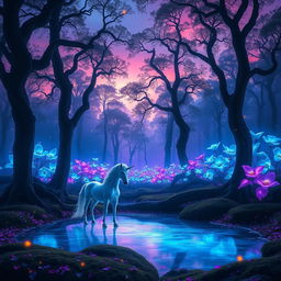 A stunning scene of an ethereal forest at twilight, filled with luminescent flowers glowing softly in various shades of blue and purple