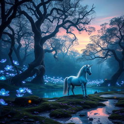 A stunning scene of an ethereal forest at twilight, filled with luminescent flowers glowing softly in various shades of blue and purple
