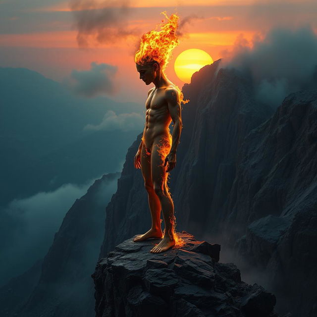 A surreal scene depicting a human figure standing on a rocky cliff, with their head detached from the body