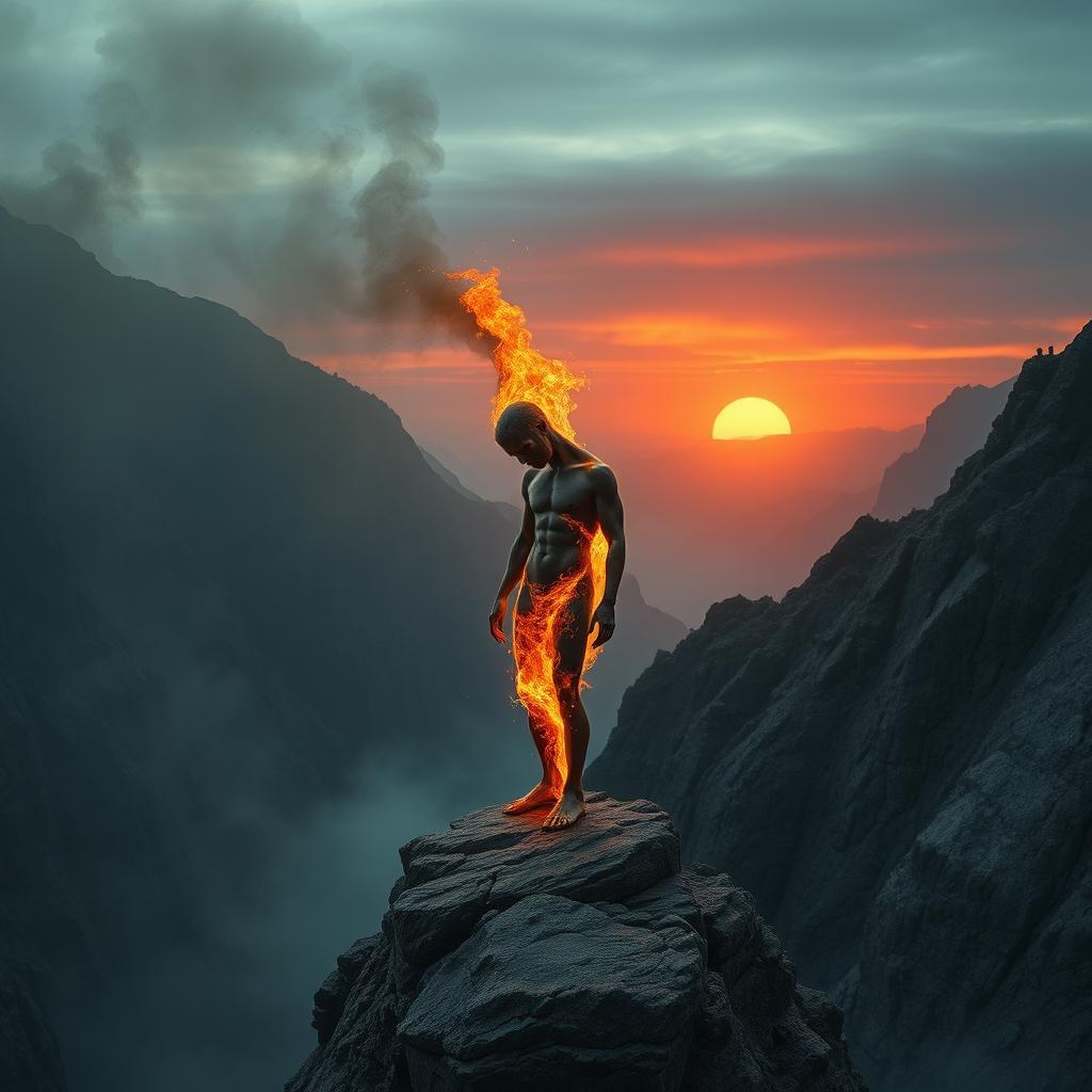 A surreal scene depicting a human figure standing on a rocky cliff, with their head detached from the body