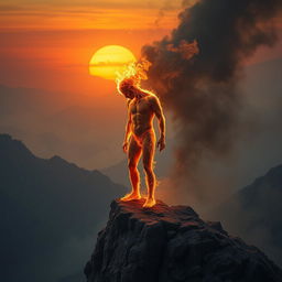 A surreal scene depicting a human figure standing on a rocky cliff, with their head detached from the body