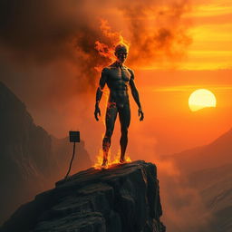 A surreal scene depicting a human figure standing on a rocky cliff, with their head detached from the body