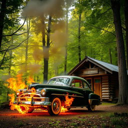 A beautiful classic car engulfed in flames in front of a small cabin nestled in a lush, tree-filled forest