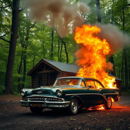 A beautiful classic car engulfed in flames in front of a small cabin nestled in a lush, tree-filled forest
