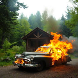 A beautiful classic car engulfed in flames in front of a small cabin nestled in a lush, tree-filled forest