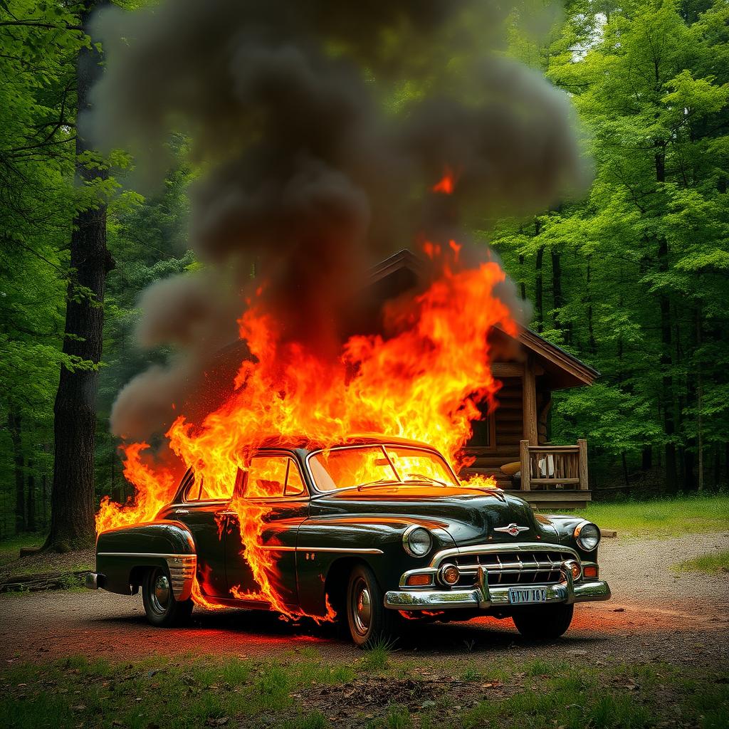 A beautiful classic car engulfed in flames in front of a small cabin nestled in a lush, tree-filled forest