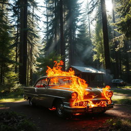 A beautiful classic car engulfed in flames, positioned in front of a small cozy cabin nestled in a dense forest filled with tall, lush trees