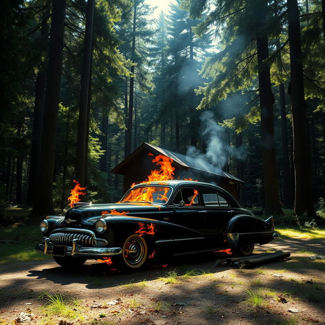 A beautiful classic car engulfed in flames, positioned in front of a small cozy cabin nestled in a dense forest filled with tall, lush trees