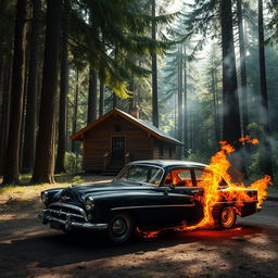 A beautiful classic car engulfed in flames, positioned in front of a small cozy cabin nestled in a dense forest filled with tall, lush trees