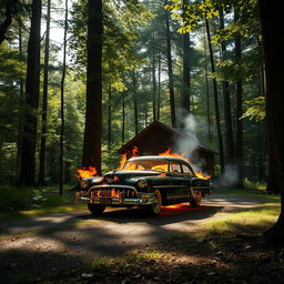 A beautiful classic car engulfed in flames, positioned in front of a small cozy cabin nestled in a dense forest filled with tall, lush trees