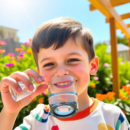 A young boy drinking water from a small cup in a bright and cheerful outdoor setting