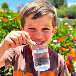 A young boy drinking water from a small cup in a bright and cheerful outdoor setting