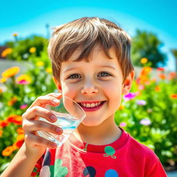 A young boy drinking water from a small cup in a bright and cheerful outdoor setting