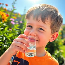 A young boy drinking water from a small cup in a bright and cheerful outdoor setting