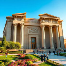 A modern building designed in the shape of Persepolis, featuring intricate and grandiose architectural elements inspired by ancient Persian styles, with large stone pillars, stylized reliefs, and a majestic entrance, set in a lush garden with vibrant greenery and flowering plants