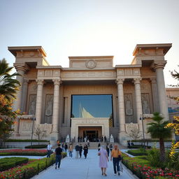 A modern building designed in the shape of Persepolis, featuring intricate and grandiose architectural elements inspired by ancient Persian styles, with large stone pillars, stylized reliefs, and a majestic entrance, set in a lush garden with vibrant greenery and flowering plants