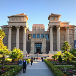 A modern building designed in the shape of Persepolis, featuring intricate and grandiose architectural elements inspired by ancient Persian styles, with large stone pillars, stylized reliefs, and a majestic entrance, set in a lush garden with vibrant greenery and flowering plants