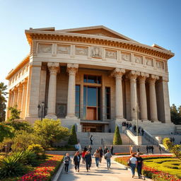 A modern building designed in the shape of Persepolis, featuring intricate and grandiose architectural elements inspired by ancient Persian styles, with large stone pillars, stylized reliefs, and a majestic entrance, set in a lush garden with vibrant greenery and flowering plants