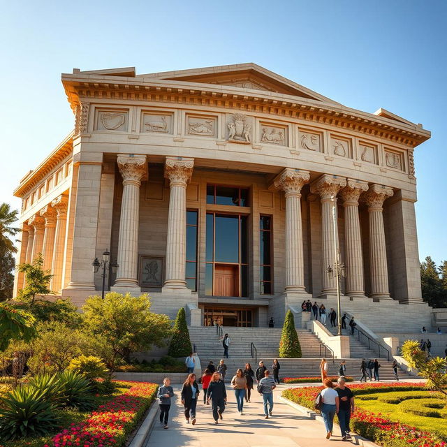 A modern building designed in the shape of Persepolis, featuring intricate and grandiose architectural elements inspired by ancient Persian styles, with large stone pillars, stylized reliefs, and a majestic entrance, set in a lush garden with vibrant greenery and flowering plants