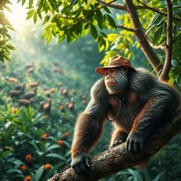 A large, muscular monkey standing on a tree branch, wearing a tough-looking hat and a chain around its neck