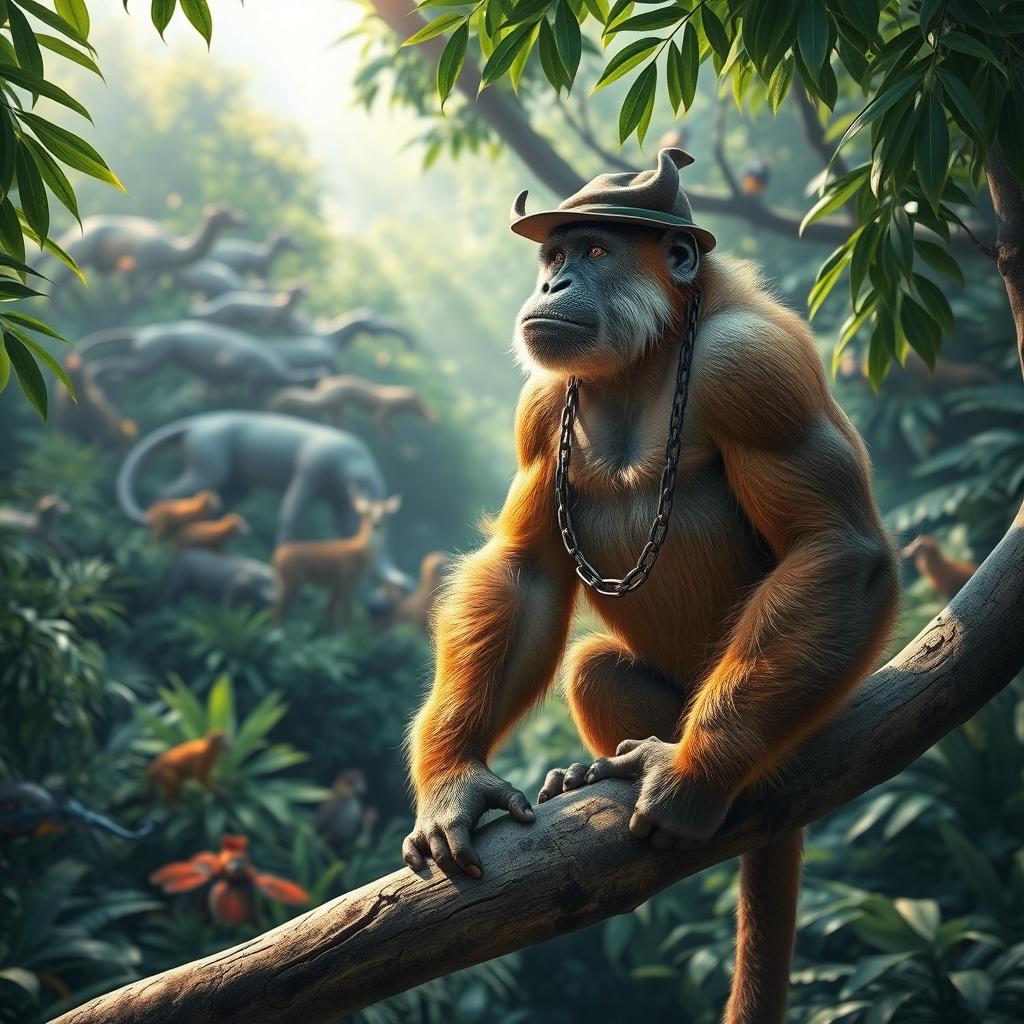 A large, muscular monkey standing on a tree branch, wearing a tough-looking hat and a chain around its neck