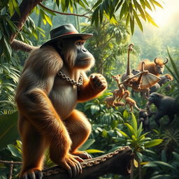 A large, muscular monkey standing on a tree branch, wearing a tough-looking hat and a chain around its neck