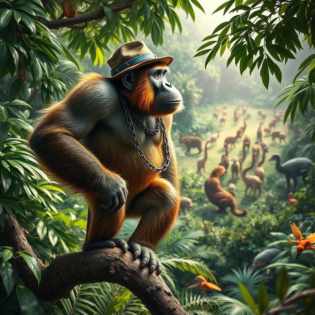 A large, muscular monkey standing on a tree branch, wearing a tough-looking hat and a chain around its neck