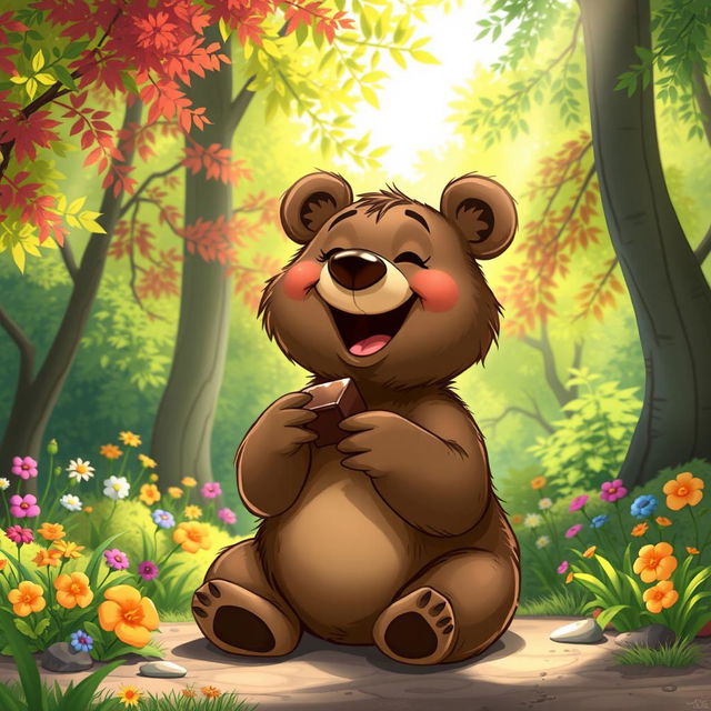 A whimsical scene depicting a bear joyfully eating chocolate