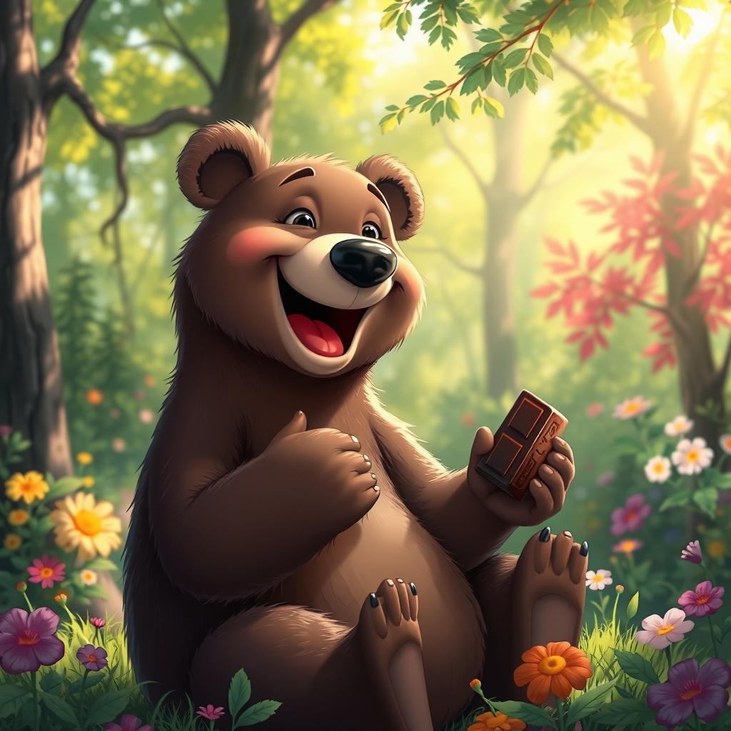 A whimsical scene depicting a bear joyfully eating chocolate