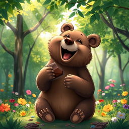 A whimsical scene depicting a bear joyfully eating chocolate