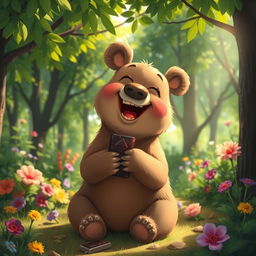 A whimsical scene depicting a bear joyfully eating chocolate
