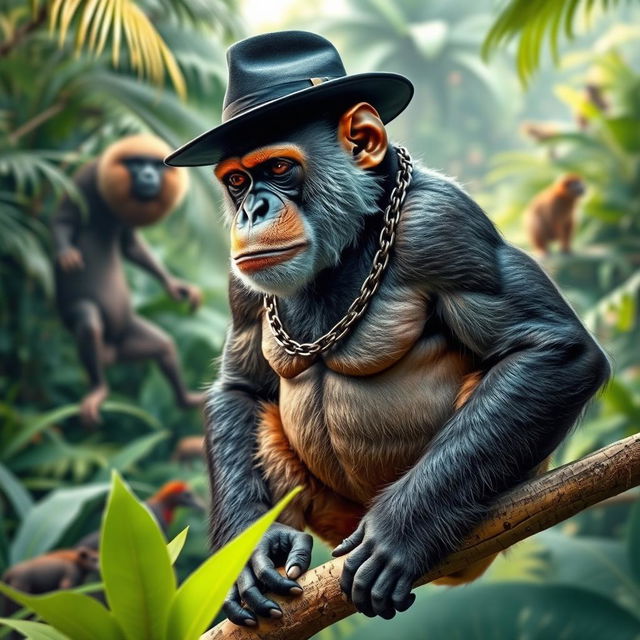 A large muscular monkey with a chain around its neck, wearing a gangster-style hat, standing on a tree branch