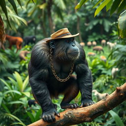 A large muscular monkey with a chain around its neck, wearing a gangster-style hat, standing on a tree branch