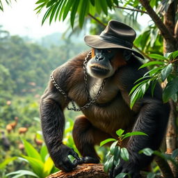 A large muscular monkey with a chain around its neck, wearing a gangster-style hat, standing on a tree branch