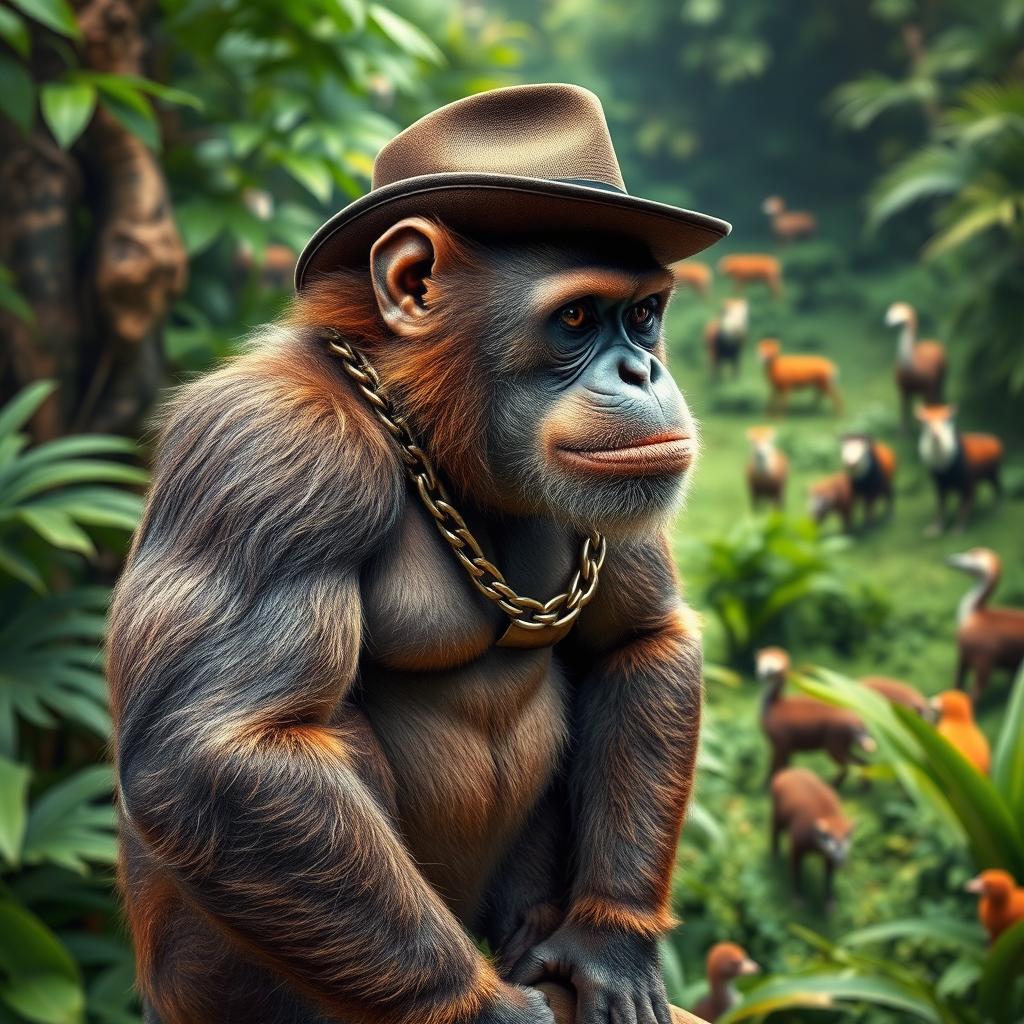 A large muscular monkey with a chain around its neck, wearing a gangster-style hat, standing on a tree branch