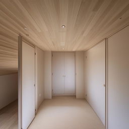 A squarish 14ft by 14ft bedroom designed in a plain and simple style. The room features three doors: an entrance door, a door leading to an open area, and another door for the bathroom.