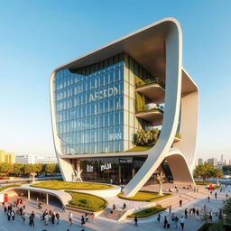 A striking modern architectural building shaped like the map of Iran, showcasing sleek lines and innovative design