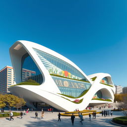 A striking modern architectural building shaped like the map of Iran, showcasing sleek lines and innovative design