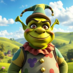A whimsical green ogre character inspired by Shrek but with unique features, large expressive eyes, and an endearing smile