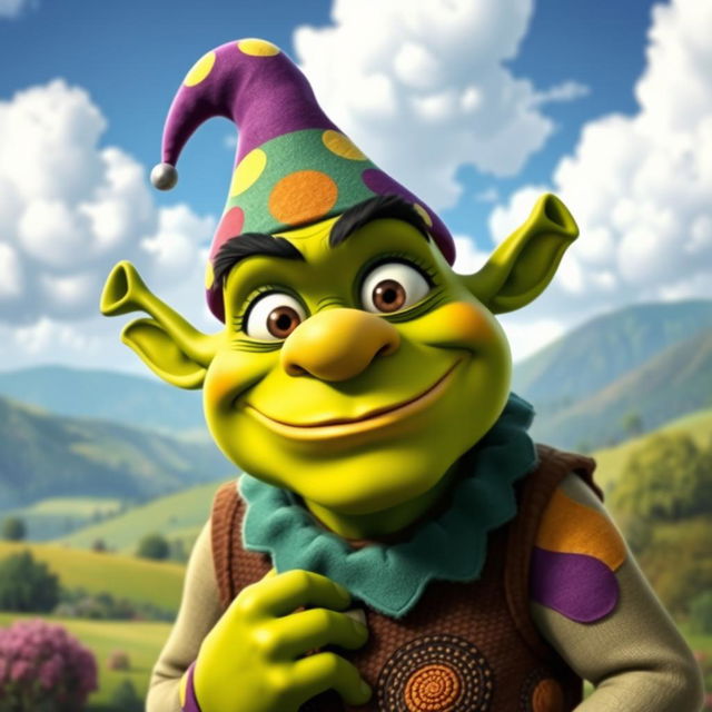 A whimsical green ogre character inspired by Shrek but with unique features, large expressive eyes, and an endearing smile